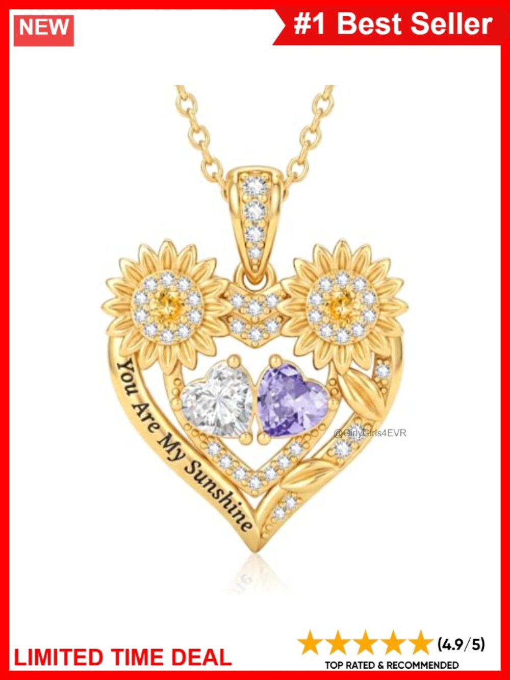 14K Gold Plated Sunflower Heart Necklace Double Birthstone Pendant